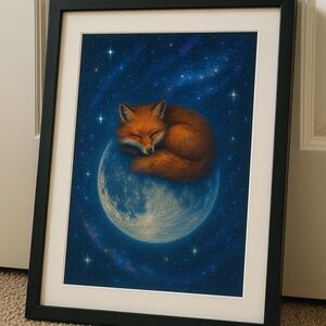 Fox on the Moon Framed Art 16x20 Whimsical Nursery